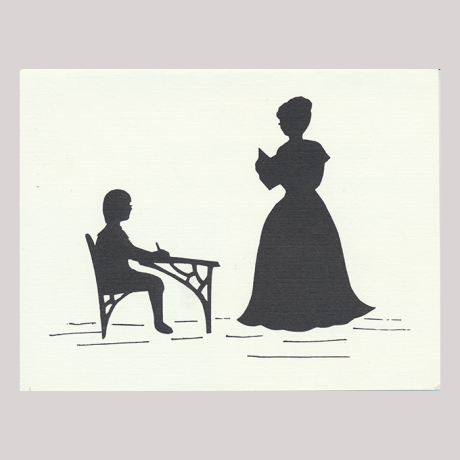 
        Front of silhouette, with school circumstance, with woman wearing a skirt teaching the boy, and the boy on the right, looking left, seated on desk.